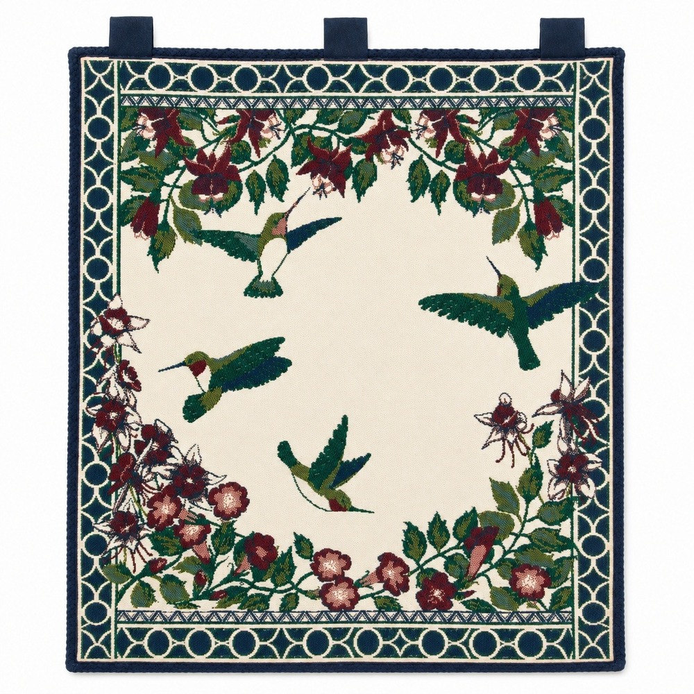 Vintage Woven Hummingbird Tapestry‎ Wall Hanging Floral Nature Decor Cream Blue